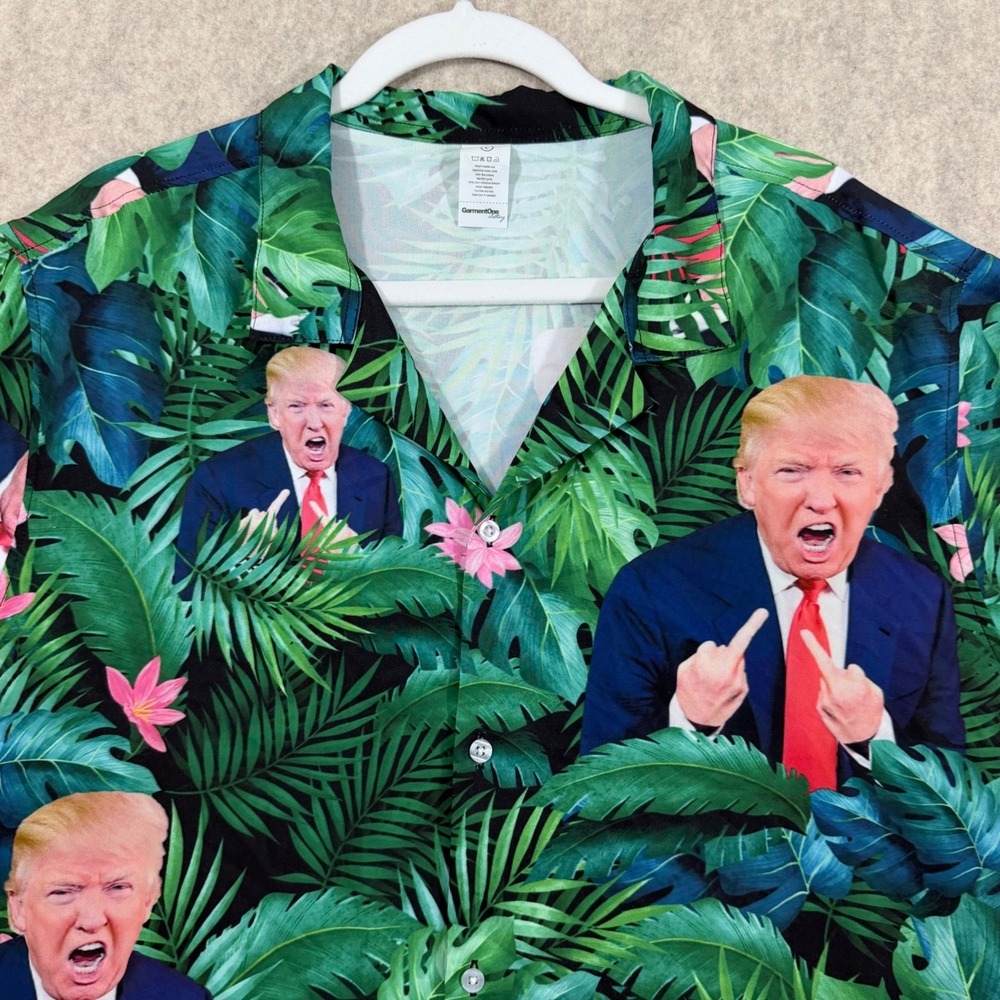 GarmentOne Donald Trump Tropical Palm Button Up Shirt Large Green Novelty Satire